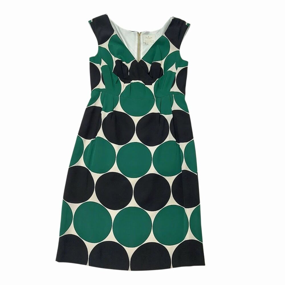 Kate Spade New York Womens 8 Green Black Polka Dot Silk Lined Midi Dress Luxury